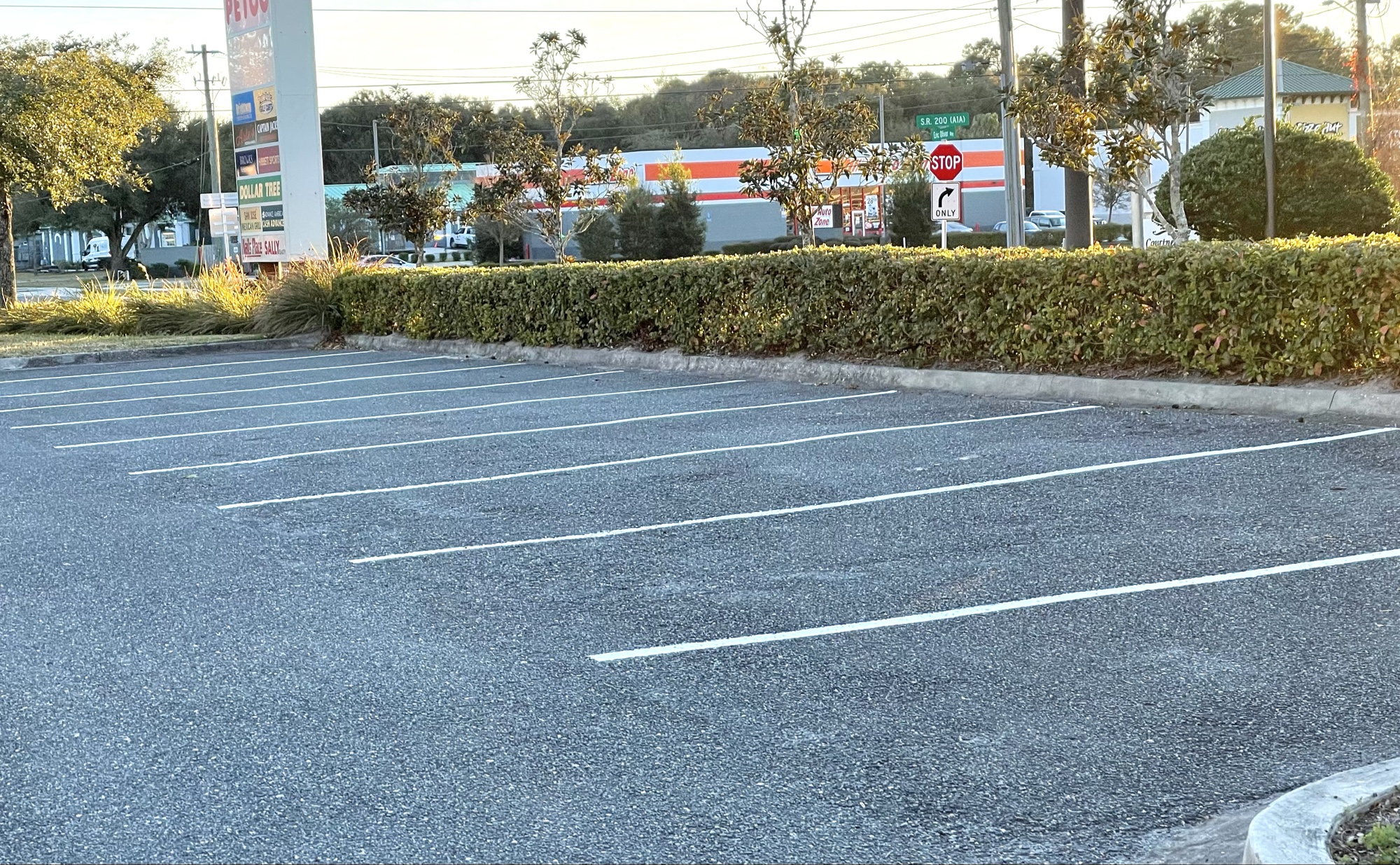 Striped parking lot with directional arrows at commercial property